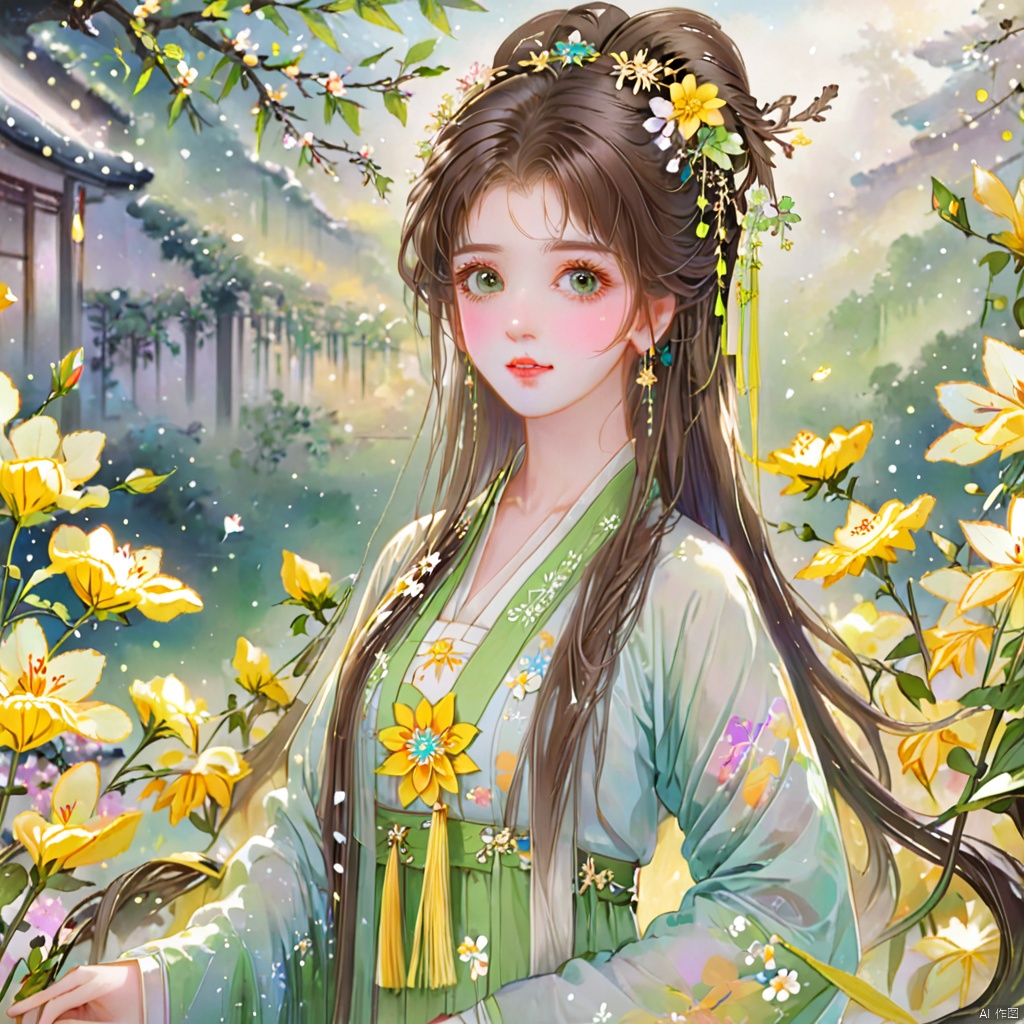  (masterpiece), (best quality), illustration, ultra detailed, hdr, Depth of field, (colorful), loli,1girl, flower, long hair, solo, green eyes, upper body, hair ornament, brown hair, teeth, dress, long sleeves, hanfu,yellow flower, looking at viewer