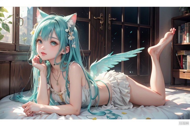  {masterpiece},white hair,yellow eyes,aqua eyes,looking up,stockings,dark skin,long hair,hime cut,messy hair,floating hair,demon wings,halo,cross necklace,holy,divinity,shine,holy light,cat girl,(loli),(petite),solo,cozy anime,houtufeng,letterboxed,(barefoot)sexy