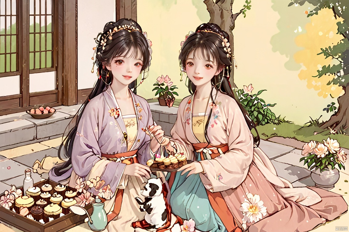  4+ girls, multiple colored hairs, sweet maids, random cute faces, super happy smiling, laughing,group shot, zoom camera, sweet tea party,lots of cakes, macarons, chocolates, parfaits, cookies, land of sweets,hanfu,((harajuku fashion)),((flowers with human eyes, flower eyes)),double exposure,fusion,hanfuray tracing, reflection ligh, HanFu, tianhai