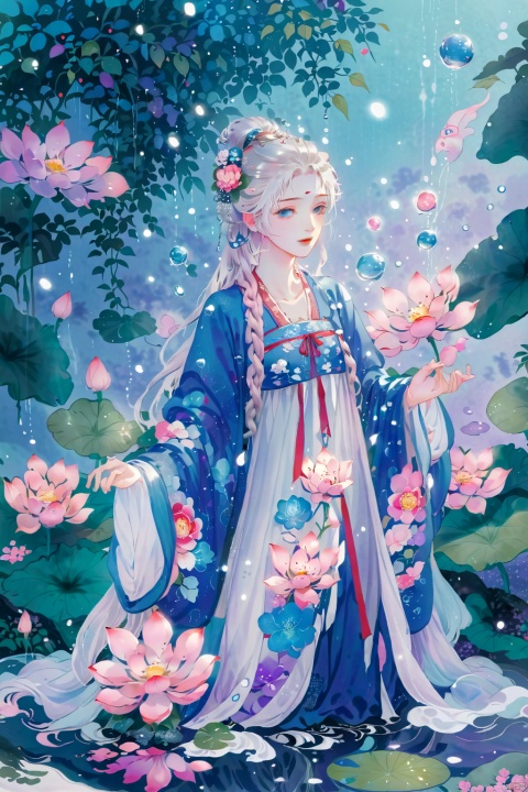  1 Girl, Laurie, petite, long hair, floating hair, messy hair, white hair, bow knot, braid, blue eyes, bright dress, floating, looking at the audience, feet soaking, goddess, water lily, lotus, ocean, partially submerged, bubbles, beach, berries, blue flowers, bouquet, foam, camellia, caustics, clover, coral, daisy, flower background, flowers, food, fruit, hibiscus, horizon, hydrangea, Water, leaves, lilies, lilies of the valley, petals on liquid, pink flowers, purple flowers, rain, red flowers, ripples, roses, shallow water, snowflakes, waves, white roses, yellow flowers, ((poakl)), Light master, glint sparkle, gonggongshi, traditional chinese ink painting, flower,flower, tyqp, shui, 1girl,short skirt,, see-through, Happy Water Park,huaxianzi, guofengZ, chineseclothes,dress, yue , hair ornament , hanfu, bailing_model,1girl, full body