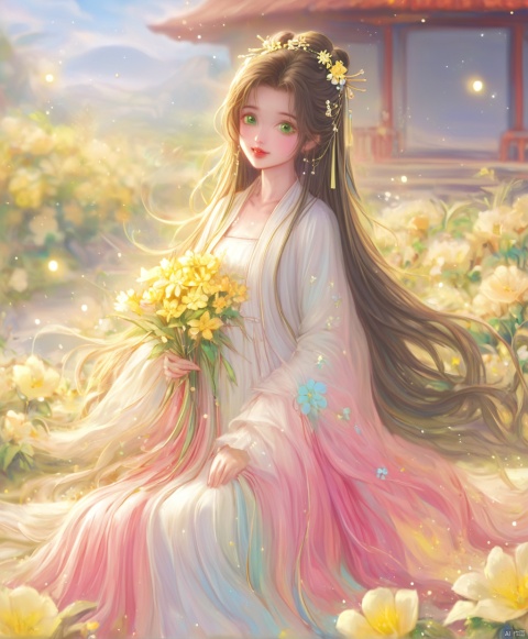  (masterpiece), (best quality), illustration, ultra detailed,full body.barefoot. hdr, Depth of field, (colorful), loli,1girl, flower, long hair, white.hair.solo, green eyes, upper body, hair ornament, brown hair, teeth, dress, long sleeves, hanfu,yellow flower, looking at viewer