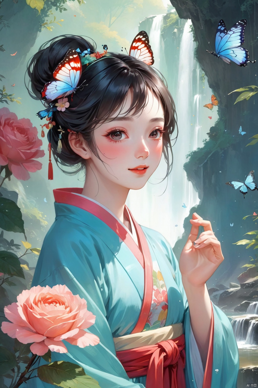  1gril,,hanfu,full body, cloak, QINGYI, shidudou,blue butterfly, in a colorful fantasy realism style, realistic color palette, wink and you miss details,chinese painting\(gongbi\),young woman bathing under a waterfall in an dream like forest,extremely detailed,detailed face,intricate detail,background\(gongbi\),    blue butterfly, in a colorful fantasy realism style, realistic color palette, wink and you miss details, japanese style art, fluid and organic shapes, light teal and light red, light reflection,blue butterfly, in a colorful fantasy realism style, realistic color palette, wink and you miss details,sleeve,flower headband,roses background,4k,8k,round eyes,round pupil,happy,colourful,fantasy magical,complex hair detail,happy,texture on clothings,fireflies,