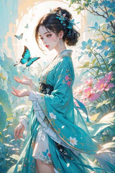  blue butterfly, in a colorful fantasy realism style, realistic color palette, wink and you miss details, japanese style art, fluid and organic shapes, light teal and light red, light reflection