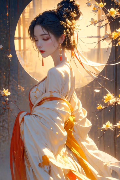  A royal elder sister with Chinese style, flowing white hair, red lips, makeup, hair accessories, earrings, bare shoulders, cleavage, revealing a smooth back, from the side, eyes closed, Yellow theme, round window, safflower, branches, Hanfu, red Hanfu.