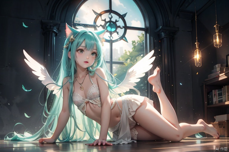  {masterpiece},white hair,yellow eyes,aqua eyes,looking up,stockings,dark skin,long hair,hime cut,messy hair,floating hair,demon wings,halo,cross necklace,holy,divinity,shine,holy light,cat girl,(loli),(petite),solo,cozy anime,houtufeng,letterboxed,(barefoot)sexy
