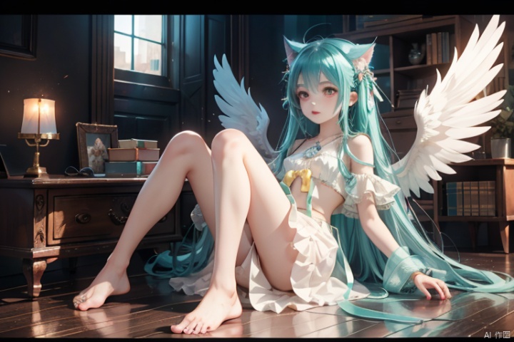  {masterpiece},white hair,yellow eyes,aqua eyes,looking up,stockings,dark skin,long hair,hime cut,messy hair,floating hair,demon wings,halo,cross necklace,holy,divinity,shine,holy light,cat girl,(loli),(petite),solo,cozy anime,houtufeng,letterboxed,(barefoot)