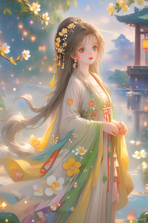  (masterpiece), (best quality), illustration, ultra detailed,full body.barefoot. hdr, Depth of field, (colorful), loli,1girl, flower, long hair, white.hair.solo, green eyes, upper body, hair ornament, brown hair, teeth, dress, long sleeves, hanfu,yellow flower, looking at viewer