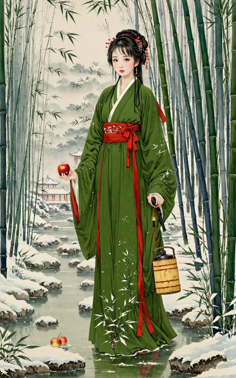  (masterpiece), (best quality), In ancient times, by the bamboo grove in winter, there was a girl dressed in Hanfu. She was very young, with black hair scattered on her shoulders. She carried an unsheathed long knife on her back, had a leather water flask at her waist, and held a red apple in her hand.