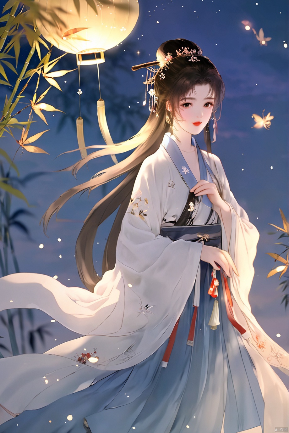 masterpiece,best quality,high quality,(colorful),[Artist miwano rag],[Artist toosaka asagi],[[[Artist wlop]]],[Artist chen bin],Artist Miv4t,1girl, solo, long hair, black hair, hair ornament, dress, sky, hair flower, sash, night, chinese clothes, star \(sky\), night sky, hand fan, lantern, holding fan, paper fan, hanfu,water,lying in the water,(fireflies),bamboo,tree,white theme