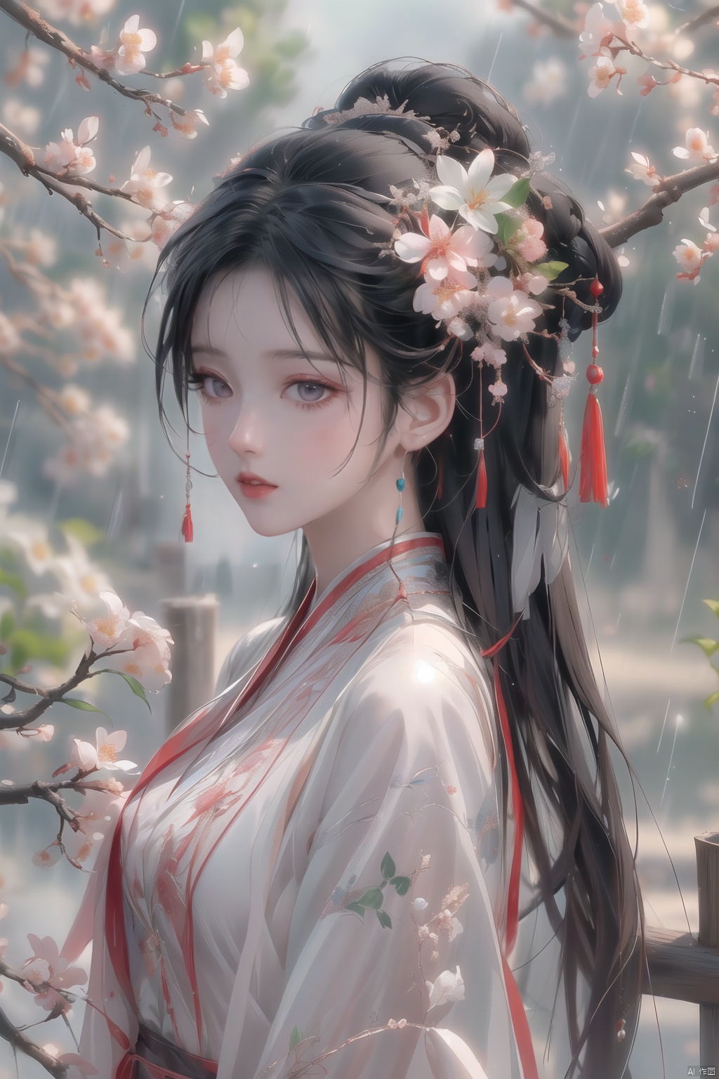 (\yan yu\),rainning,1girl, solo, black hair, long hair, hair ornament, looking at viewer, flower, from side, red lips, hair flower, upper body, lips, closed mouth, realistic, black eyes, looking to the side, nose, branch