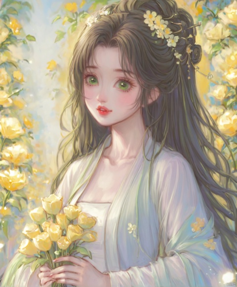  (masterpiece), (best quality), illustration, ultra detailed, hdr, Depth of field, (colorful), loli,1girl, flower, long hair, solo, green eyes, upper body, hair ornament, brown hair, teeth, dress, long sleeves, hanfu,yellow flower, looking at viewer