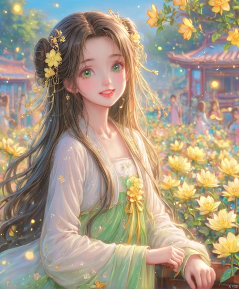  (masterpiece), (best quality), illustration, ultra detailed,full body.barefoot. hdr, Depth of field, (colorful), loli,1girl, flower, long hair, white.hair.solo, green eyes, upper body, hair ornament, brown hair, teeth, dress, long sleeves, hanfu,yellow flower, looking at viewer