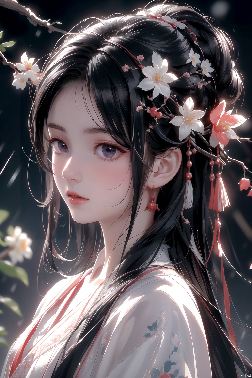 (\yan yu\),rainning,1girl, solo, black hair, long hair, hair ornament, looking at viewer, flower, from side, red lips, hair flower, upper body, lips, closed mouth, realistic, black eyes, looking to the side, nose, branch