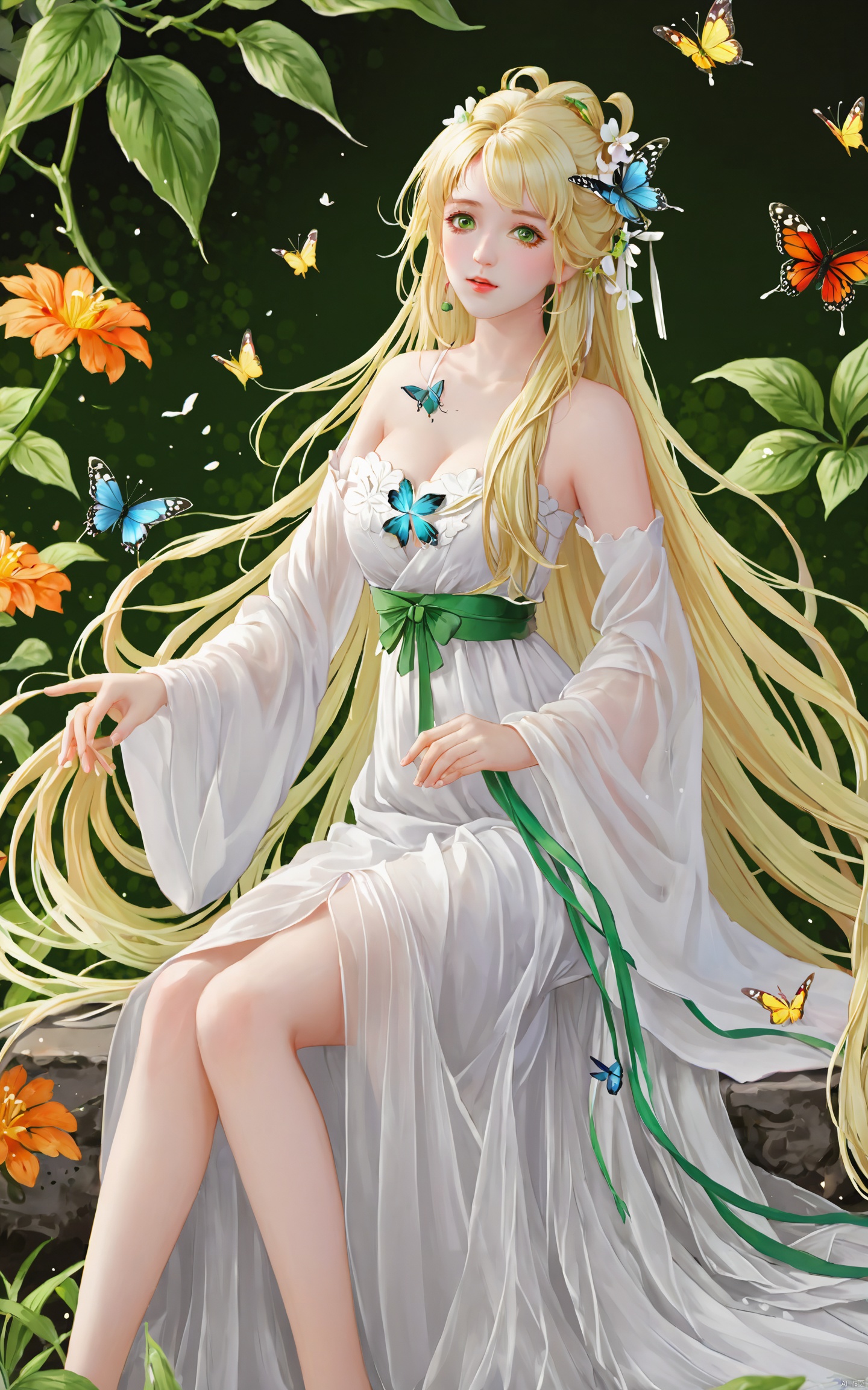  (masterpiece), (best quality), illustration, ultra detailed, hdr, Depth of field, (colorful),1girl, long hair, solo, green eyes, flower, bug, butterfly, hair ornament, blonde hair, sitting, bare legs, bare shoulders, dress, white dress, breasts, hagoromo, white hair