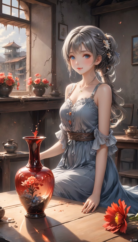 Anime style,(detailed light), (an extremely delicate and beautiful), (1 girl holdding vase and
flower)
(cowboy shot:1.3)
(from side:1.25), (1 loli:1.2), grey hair, (messy braid ponytail), (wearing old
ripped dress), (long grey dress), frills, (Smile, hope, sunshine:1.2), (solo), (blue
eyes:1.2), (Detailed beautiful eyes, lively eyes), (sitting), table
volume light, best shadow, flash, Depth of field, dynamic angle, Oily skin
(looking at vase), (1 Detailed vase), (red flower inside of vase), (Detailed and
beautiful), (Holdding vase)
(outdoors, Earthquake debris, cracked ground, collapsed houses in the distance, grey sky, smoky)