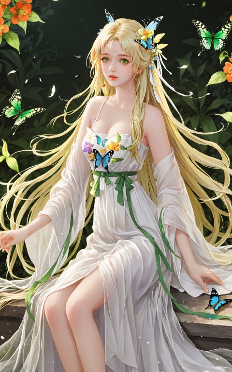  (masterpiece), (best quality), illustration, ultra detailed, hdr, Depth of field, (colorful),1girl, long hair, solo, green eyes, flower, bug, butterfly, hair ornament, blonde hair, sitting, bare legs, bare shoulders, dress, white dress, breasts, hagoromo, white hair