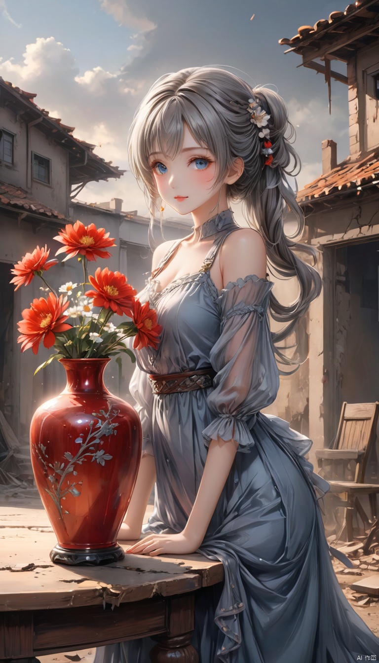  Anime style,(detailed light), (an extremely delicate and beautiful), (1 girl holdding vase and
flower)
(cowboy shot:1.3)
(from side:1.25), (1 loli:1.2), grey hair, (messy braid ponytail), (wearing old
ripped dress), (long grey dress), frills, (Smile, hope, sunshine:1.2), (solo), (blue
eyes:1.2), (Detailed beautiful eyes, lively eyes), (sitting), table
volume light, best shadow, flash, Depth of field, dynamic angle, Oily skin
(looking at vase), (1 Detailed vase), (red flower inside of vase), (Detailed and
beautiful), (Holdding vase)
(outdoors, Earthquake debris, cracked ground, collapsed houses in the distance, grey sky, smoky)