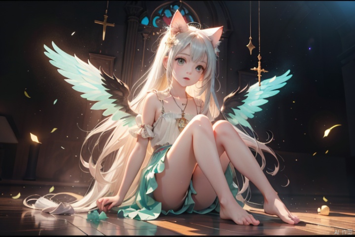  {masterpiece},white hair,yellow eyes,aqua eyes,looking up,stockings,dark skin,long hair,hime cut,messy hair,floating hair,demon wings,halo,cross necklace,holy,divinity,shine,holy light,cat girl,(loli),(petite),solo,cozy anime,houtufeng,letterboxed,(barefoot)