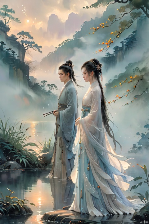  A man in a white Hanfu stands on the flowing riverbank, holding and watching his wife sit under the  in a light blue outfit to shield her from the rain. Illustrated with a romantic river view, soft colors, high resolution, high details, delicate brushstrokes, natural lighting, peaceful atmosphere, ancient China, with a background of green trees, drizzle, high-definition details, depth of field effect, ink painting, texture frosting, diffuse gradient, romantic ancient style, excellent light and shadow, color curves, ananmo, (\shen ming shao nv\) 