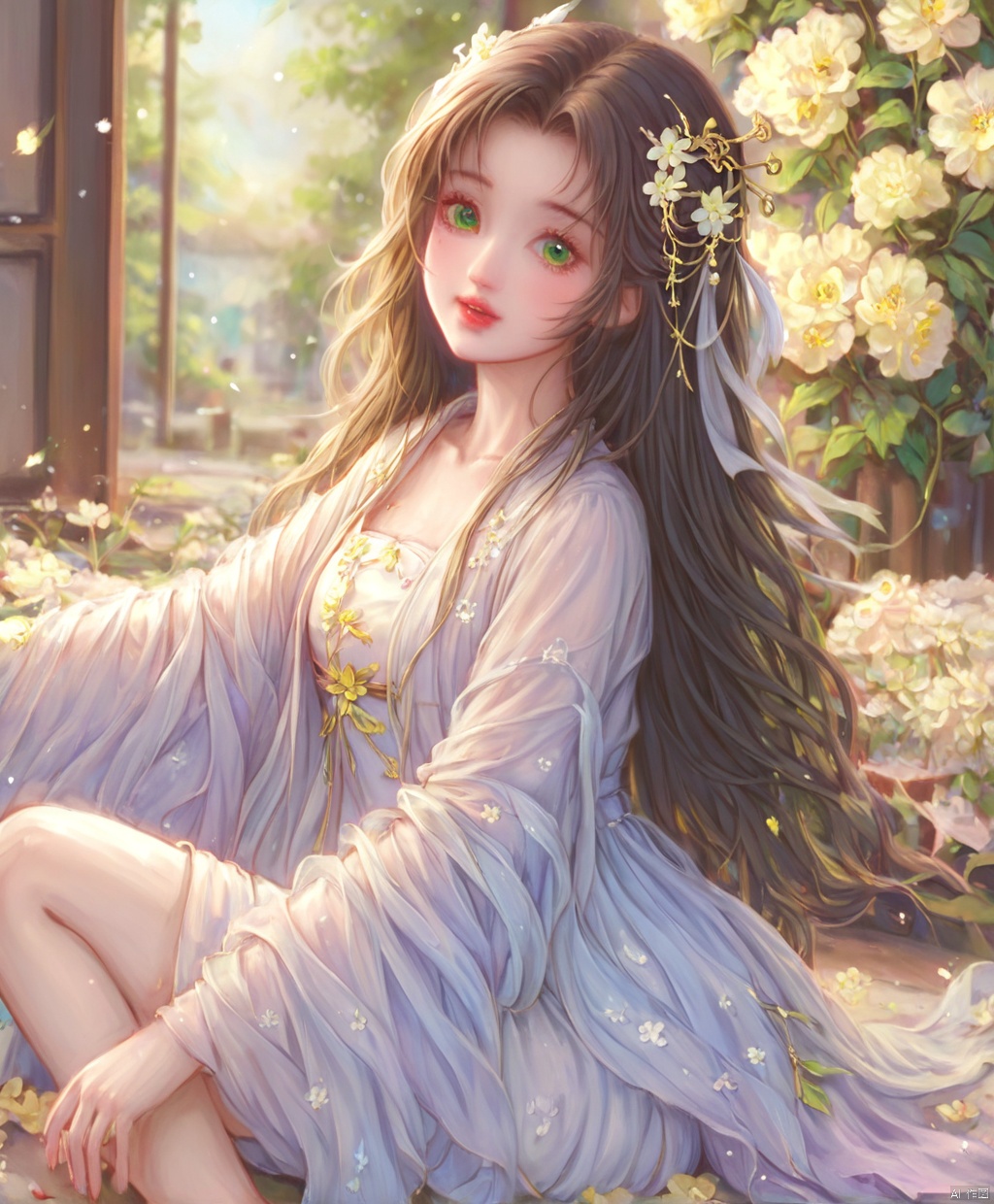  (masterpiece), (best quality), illustration, ultra detailed,full body.barefoot. hdr, Depth of field, (colorful), loli,1girl, flower, long hair, white.hair.solo, green eyes, upper body, hair ornament, brown hair, teeth, dress, long sleeves, hanfu,yellow flower, looking at viewer