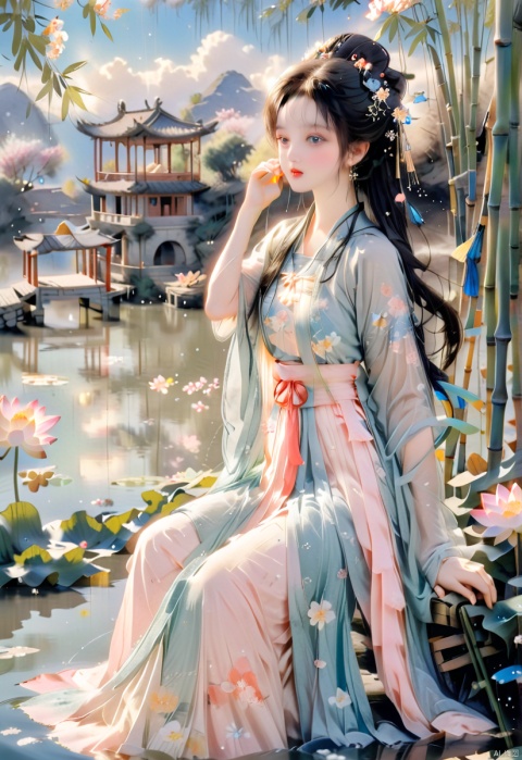  (sunlight, beautiful sky, floating hair, Fisheye lens lens, dynamic angle, distant view, panorama ,overlook,barefoot), ((Ancient_Chinese_architecture)), (short sleeves),with a combination of Morgan colors, Qiu Ying's painting style, And high end color matching, ((A beautiful girl sitting on a bamboo raft in the water, swimming downstream, Huge lotus, rain, (full body), aqua_china_dress)), (bright light,fantasy), ((spotted light)),1 girl, ((black hair, shy, blush)), arien_hanfu, (\hui mou\), dingxianghua, guofeng, Anime style, dunhuang, hanfu, cexz1,cexz2,cexz3,cexz4,cexz5,changexian, dancedress,chinese cloths,song style outfits,bare_foot,stadning,full_body,flowers ,(innocent grey),fox girl,fairy, traditional chinese ink painting