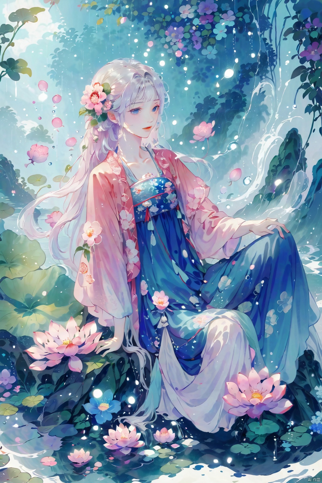  1 Girl, Laurie, petite, long hair, floating hair, messy hair, white hair, bow knot, braid, blue eyes, bright dress, floating, looking at the audience, feet soaking, goddess, water lily, lotus, ocean, partially submerged, bubbles, beach, berries, blue flowers, bouquet, foam, camellia, caustics, clover, coral, daisy, flower background, flowers, food, fruit, hibiscus, horizon, hydrangea, Water, leaves, lilies, lilies of the valley, petals on liquid, pink flowers, purple flowers, rain, red flowers, ripples, roses, shallow water, snowflakes, waves, white roses, yellow flowers, ((poakl)), Light master, glint sparkle, gonggongshi, traditional chinese ink painting, flower,flower, tyqp, shui, 1girl,short skirt,, see-through, Happy Water Park,huaxianzi, guofengZ, chineseclothes,dress, yue , hair ornament , hanfu, bailing_model,1girl, full body