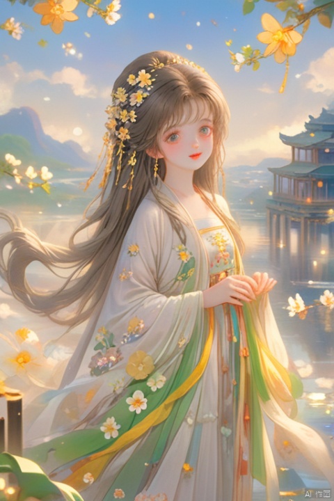  (masterpiece), (best quality), illustration, ultra detailed,full body.barefoot. hdr, Depth of field, (colorful), loli,1girl, flower, long hair, white.hair.solo, green eyes, upper body, hair ornament, brown hair, teeth, dress, long sleeves, hanfu,yellow flower, looking at viewer