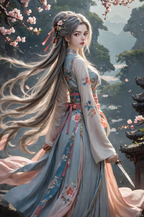  Masterpiece, best quality, 8K, cinematography, ultra-high resolution, Chinese painting, 1 girl, solo, mid chest, early morning, forest, peach and plum, headwear, colorful hair, floral hair, Chinese art, long skirt, Hanfu, Calf, stockings, whole body, extra long hair, floating hair, ribbons, upper body, Chinese clothing, flowers, sleeveless, flower earrings, flower branches,1girl, :|, absurdres, armor, armored_dress, black_background, blue_eyes, closed_mouth, dress, expressionless, greatsword, grey_dress, grey_hair, hair_between_eyes, hair_ornament, hairpin, highres, holding, holding_sword, holding_weapon, legs_apart, long_dress, long_hair, looking_at_viewer, original, own_hands_together, sabaton, sidelocks, simple_background, solo, standing, straight-on, sword, tuda6, weapon, best quality, masterpiece, nai3, Anne Hathaway