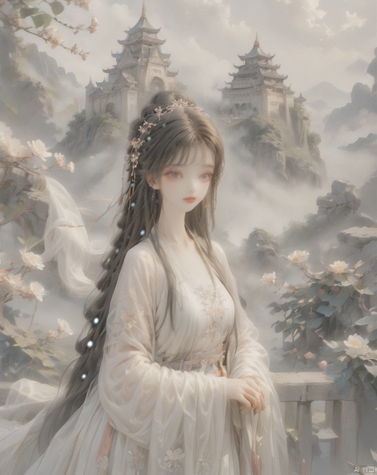  monochrome ,ink wash painting,white 1 girl,solo, blone hair, long hair, princess dress, pretty beautiful makeup, garden, castle, flowers, loli.backgroud,the picture is largely blank ,only a man ,chinese cloth,drawing ,face to viewer,white fog covered everything around him, blank background,