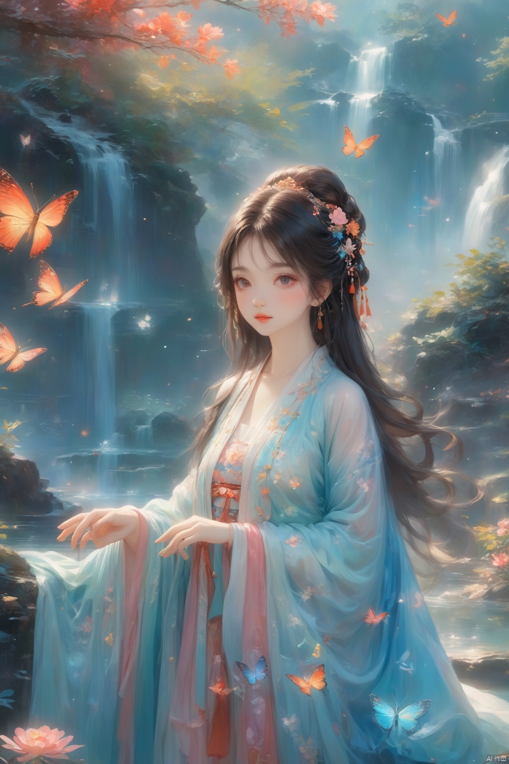  1gril,,hanfu,full body, cloak, QINGYI, shidudou,blue butterfly, in a colorful fantasy realism style, realistic color palette, wink and you miss details,chinese painting\(gongbi\),young woman bathing under a waterfall in an dream like forest,extremely detailed,detailed face,intricate detail,background\(gongbi\),    blue butterfly, in a colorful fantasy realism style, realistic color palette, wink and you miss details, japanese style art, fluid and organic shapes, light teal and light red, light reflection,blue butterfly, in a colorful fantasy realism style, realistic color palette, wink and you miss details,sleeve,flower headband,roses background,4k,8k,round eyes,round pupil,happy,colourful,fantasy magical,complex hair detail,happy,texture on clothings,fireflies,