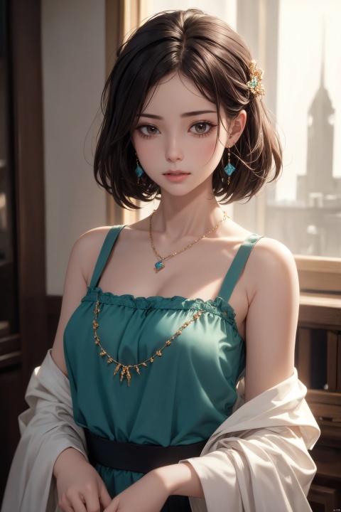  best quality,(masterpiece:1.3),ultra-detailed,solo:1.3,1GIRL,brown hair, brown eyes, necklace, earrings, jewelry,