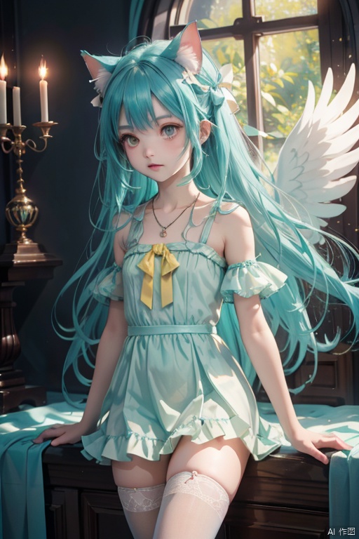  {masterpiece},white hair,yellow eyes,aqua eyes,looking up,stockings,dark skin,long hair,hime cut,messy hair,floating hair,demon wings,halo,cross necklace,holy,divinity,shine,holy light,cat girl,(loli),(petite),solo,cozy anime,houtufeng,letterboxed