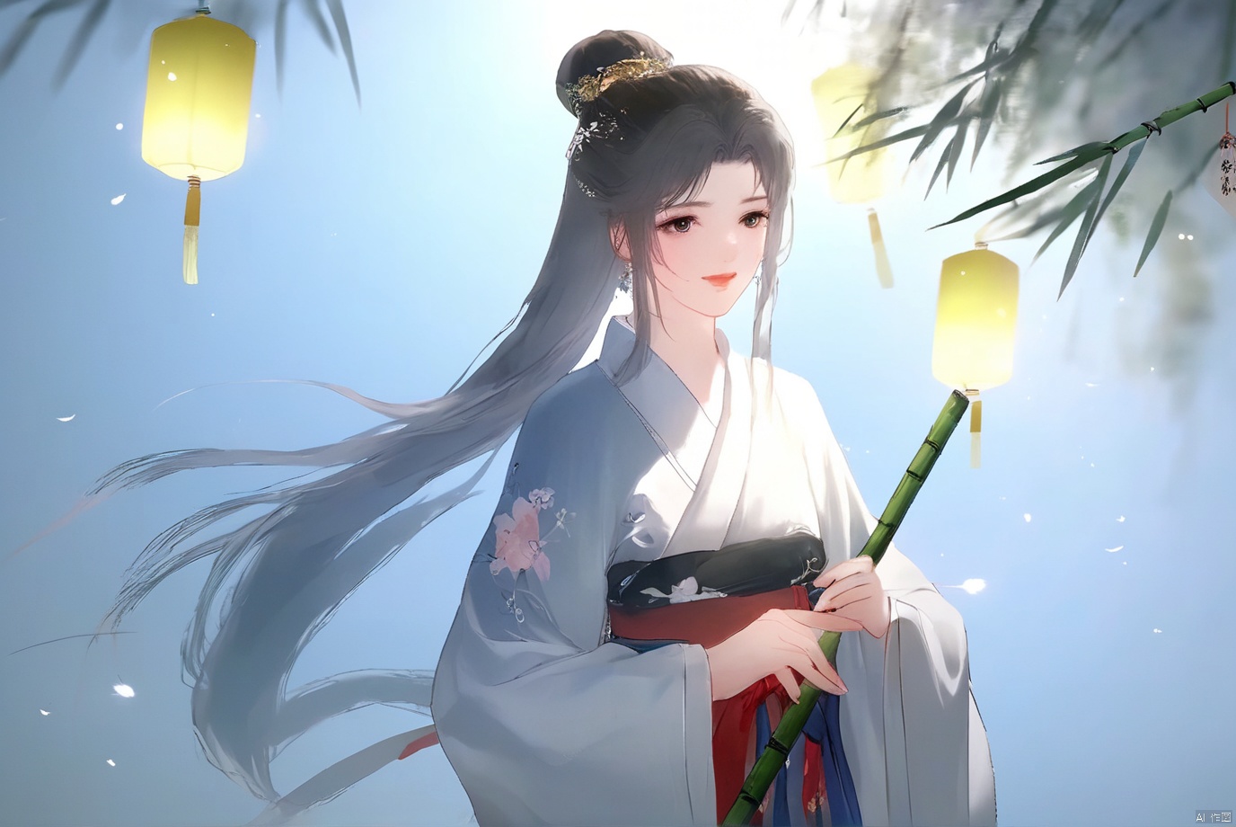 masterpiece,best quality,high quality,(colorful),[Artist miwano rag],[Artist toosaka asagi],[[[Artist wlop]]],[Artist chen bin],Artist Miv4t,1girl, solo, long hair, black hair, hair ornament, dress, sky, hair flower, sash, night, chinese clothes, star \(sky\), night sky, hand fan, lantern, holding fan, paper fan, hanfu,water,lying in the water,(fireflies),bamboo,tree,white theme