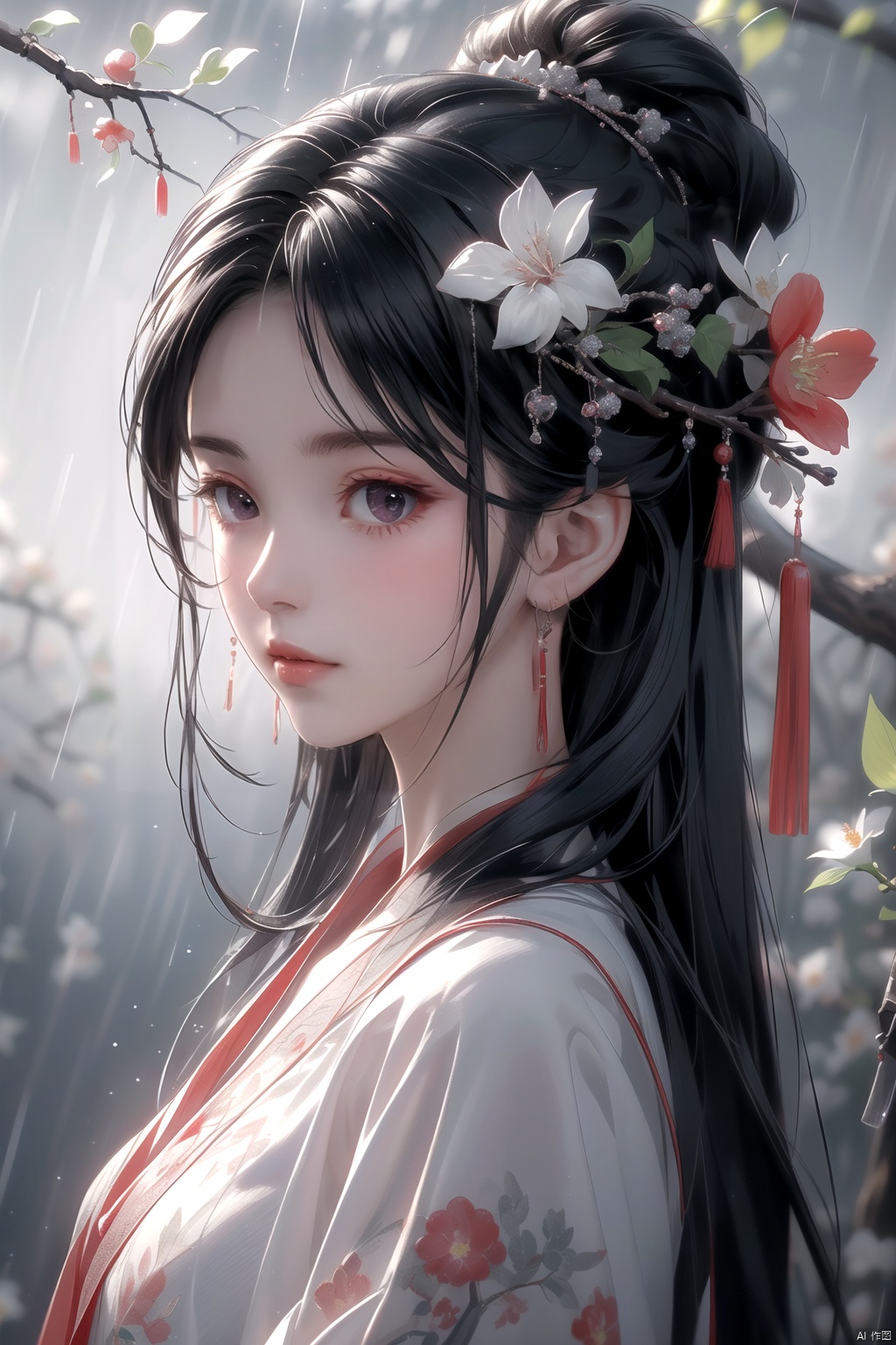 (\yan yu\),rainning,1girl, solo, black hair, long hair, hair ornament, looking at viewer, flower, from side, red lips, hair flower, upper body, lips, closed mouth, realistic, black eyes, looking to the side, nose, branch