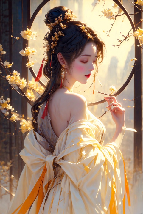  A royal elder sister with Chinese style, flowing white hair, red lips, makeup, hair accessories, earrings, bare shoulders, cleavage, revealing a smooth back, from the side, eyes closed, Yellow theme, round window, safflower, branches, Hanfu, red Hanfu.