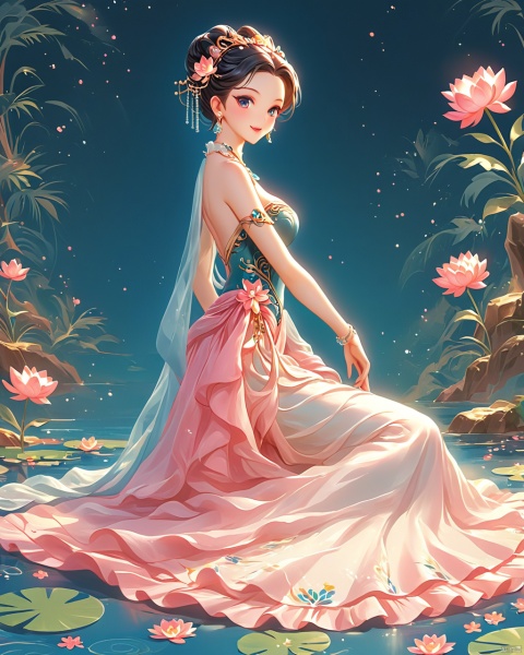  A beautiful woman.sexy.barefoot.full body with a simple lotus flower,Illustration,Minimalismm,dreamlike picture,subtle gradation,calm harmony,elegant use of negative space,graphic design inspired illustrations, Oriental flat aesthetics