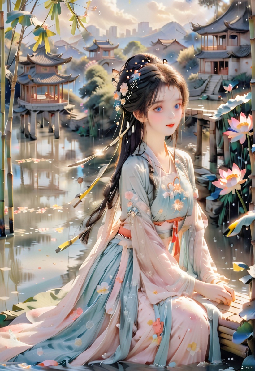  (sunlight, beautiful sky, floating hair, Fisheye lens lens, dynamic angle, distant view, panorama ,overlook,barefoot), ((Ancient_Chinese_architecture)), (short sleeves),with a combination of Morgan colors, Qiu Ying's painting style, And high end color matching, ((A beautiful girl sitting on a bamboo raft in the water, swimming downstream, Huge lotus, rain, (full body), aqua_china_dress)), (bright light,fantasy), ((spotted light)),1 girl, ((black hair, shy, blush)), arien_hanfu, (\hui mou\), dingxianghua, guofeng, Anime style, dunhuang, hanfu, cexz1,cexz2,cexz3,cexz4,cexz5,changexian, dancedress,chinese cloths,song style outfits,bare_foot,stadning,full_body,flowers ,(innocent grey),fox girl,fairy, traditional chinese ink painting