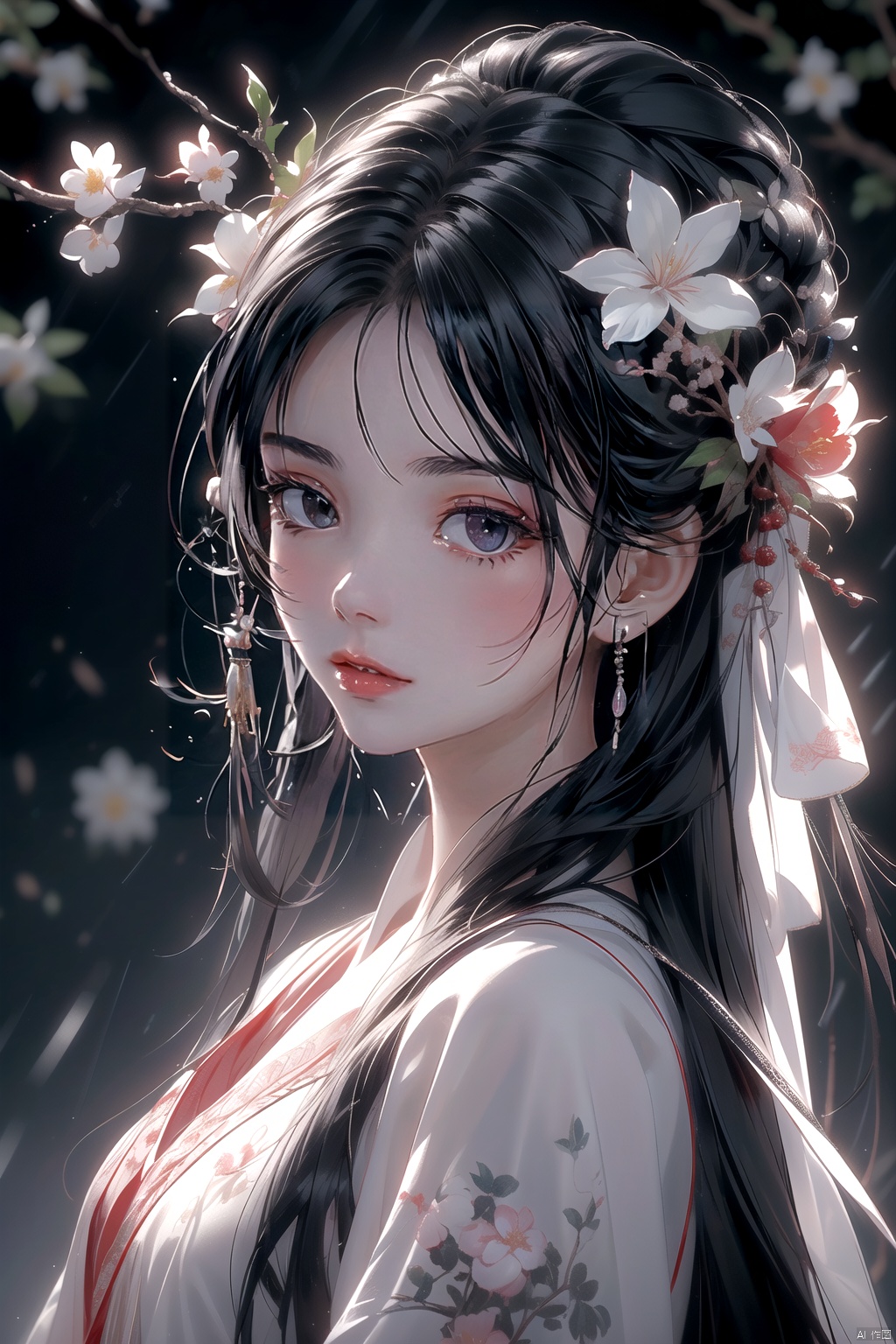 (\yan yu\),rainning,1girl, solo, black hair, long hair, hair ornament, looking at viewer, flower, from side, red lips, hair flower, upper body, lips, closed mouth, realistic, black eyes, looking to the side, nose, branch