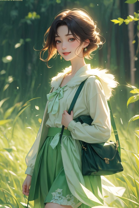  a woman in a green skirt, short hair, light green hair, earring, fluffy hair, black tie, smile, lovely fave, beautiful anime portrait, palace, carrying a schoolbag, digital anime illustration, beautiful anime style, a beautiful fantasy young girl, anime illustration, anime fantasy illustration, beautiful character painting, trending on artstration,（\personality\）, (/qingning/)