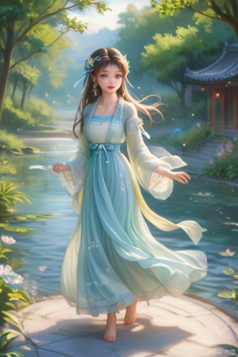  (masterpiece), (best quality), A man and a woman were walking side by side，illustration, ultra detailed,full body.barefoot. hdr, Depth of field, (colorful), loli,1girl, flower, long hair, white.hair.solo, green eyes, upper body, hair ornament, brown hair, teeth, dress, long sleeves, hanfu,yellow flower, looking at viewer