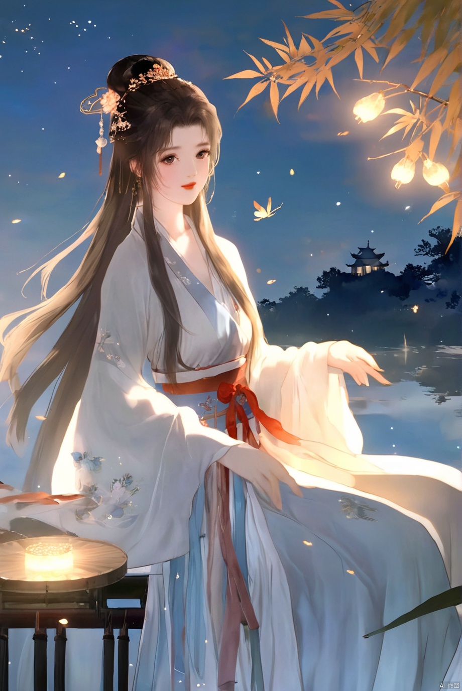 masterpiece,best quality,high quality,(colorful),[Artist miwano rag],[Artist toosaka asagi],[[[Artist wlop]]],[Artist chen bin],Artist Miv4t,1girl, solo, long hair, black hair, hair ornament, dress, sky, hair flower, sash, night, chinese clothes, star \(sky\), night sky, hand fan, lantern, holding fan, paper fan, hanfu,water,lying in the water,(fireflies),bamboo,tree,white theme