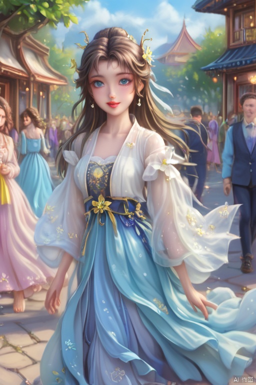  (masterpiece), (best quality), A man and a woman were walking side by side，illustration, ultra detailed,full body.barefoot. hdr, Depth of field, (colorful), loli,1girl, flower, long hair, white.hair.solo, ice blue eyes, upper body, hair ornament, brown hair, teeth, dress, long sleeves, hanfu,yellow flower, looking at viewer