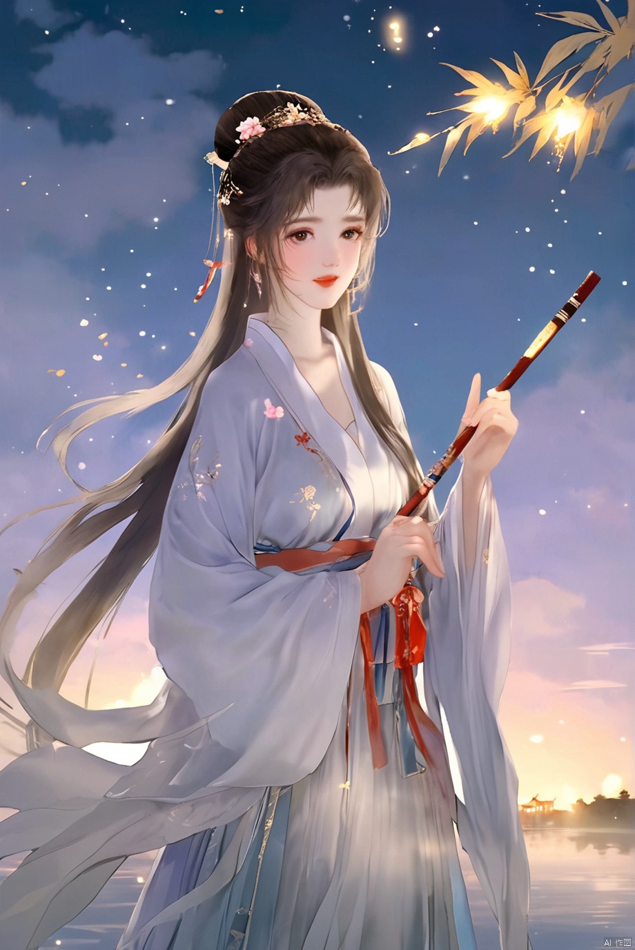 masterpiece,best quality,high quality,(colorful),[Artist miwano rag],[Artist toosaka asagi],[[[Artist wlop]]],[Artist chen bin],Artist Miv4t,1girl, solo, long hair, black hair, hair ornament, dress, sky, hair flower, sash, night, chinese clothes, star \(sky\), night sky, hand fan, lantern, holding fan, paper fan, hanfu,water,lying in the water,(fireflies),bamboo,tree,white theme