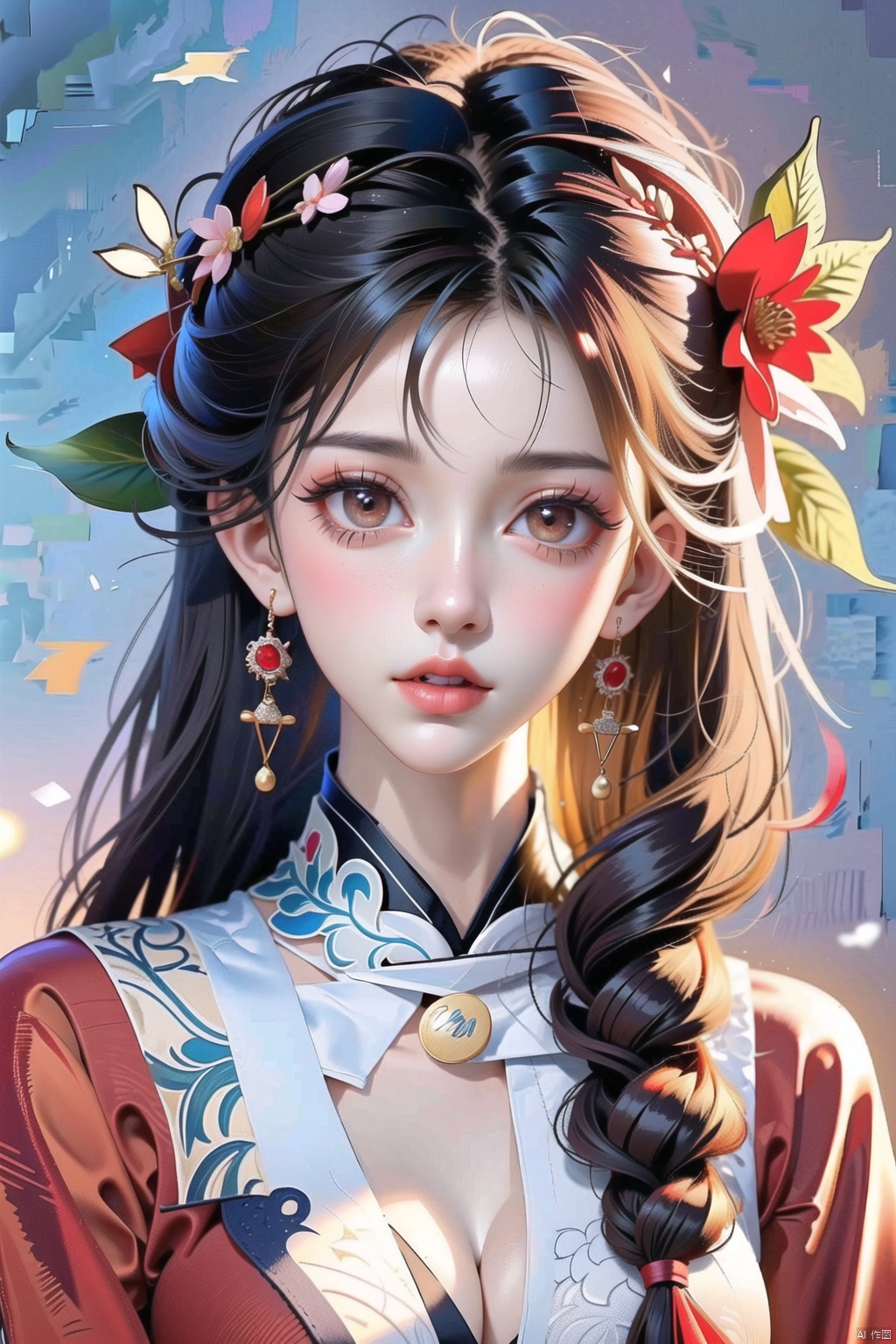 1girl, solo, long hair, black hair, hair accessories, jewelry, closed mouth, upper body, flowers, earrings, blur, side, eyelashes, side, makeup, red background, Chinese costume, red flowers, fringe, branch, red lips, fringe earrings, fruit grain, no hand, very beautiful, masterpiece, best quality, super detail, animation style, key vision, 1 girl