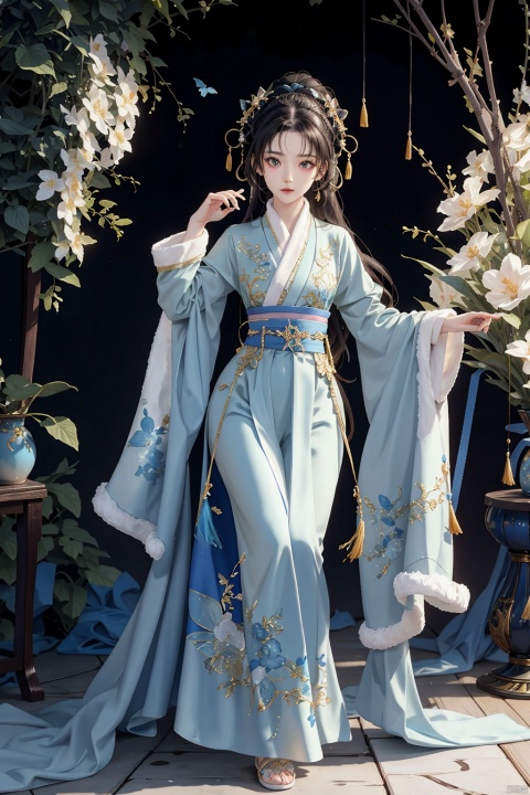 1gril,,hanfu,full body, cloak, QINGYI, shidudou,blue butterfly, in a colorful fantasy realism style, realistic color palette, wink and you miss details,