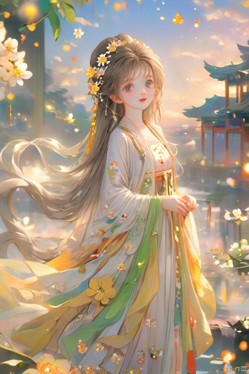  (masterpiece), (best quality), illustration, ultra detailed,full body.barefoot. hdr, Depth of field, (colorful), loli,1girl, flower, long hair, white.hair.solo, green eyes, upper body, hair ornament, brown hair, teeth, dress, long sleeves, hanfu,yellow flower, looking at viewer