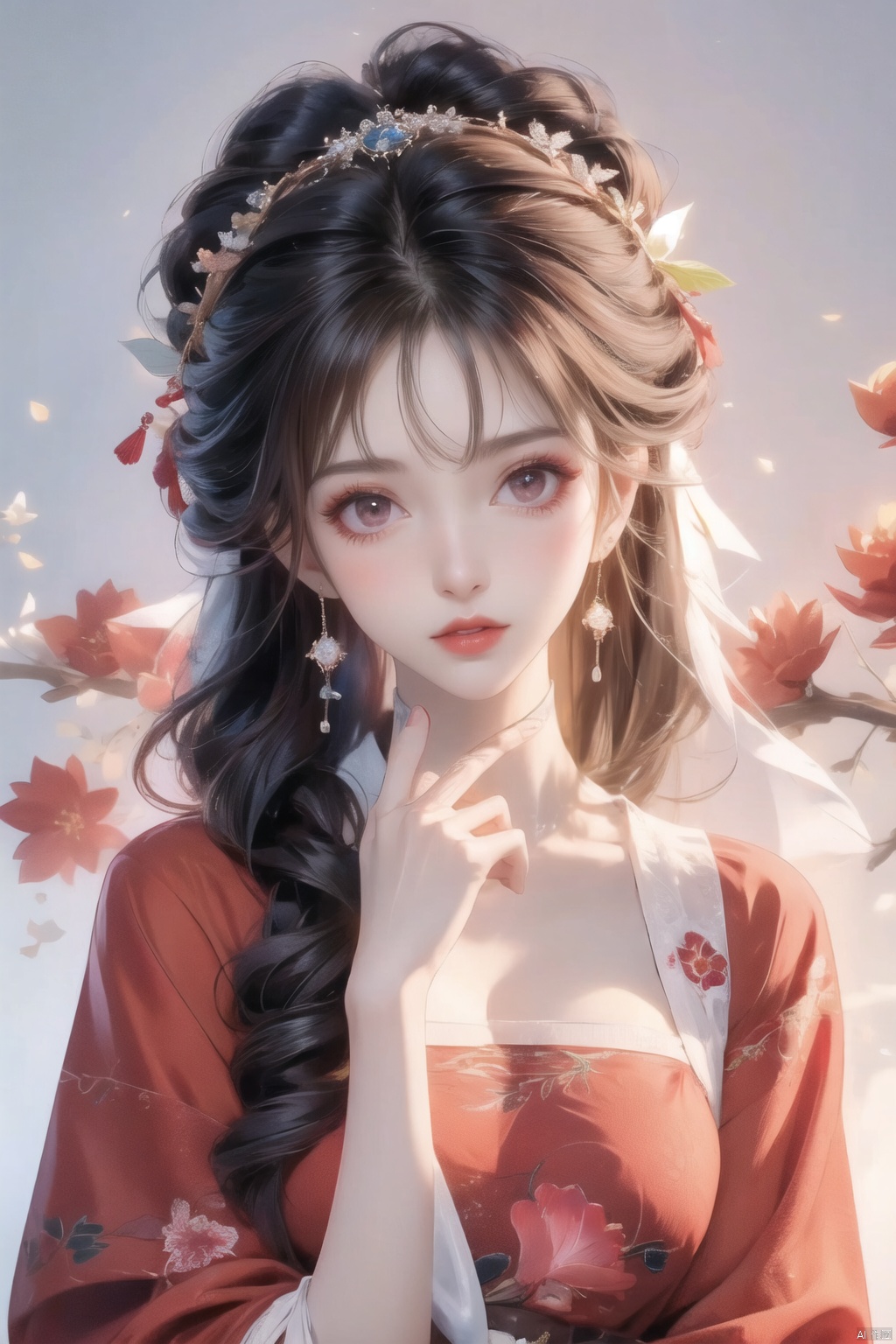 1girl, solo, long hair, black hair, hair accessories, jewelry, closed mouth, upper body, flowers, earrings, blur, side, eyelashes, side, makeup, red background, Chinese costume, red flowers, fringe, branch, red lips, fringe earrings, fruit grain, no hand, very beautiful, masterpiece, best quality, super detail, animation style, key vision, 1 girl