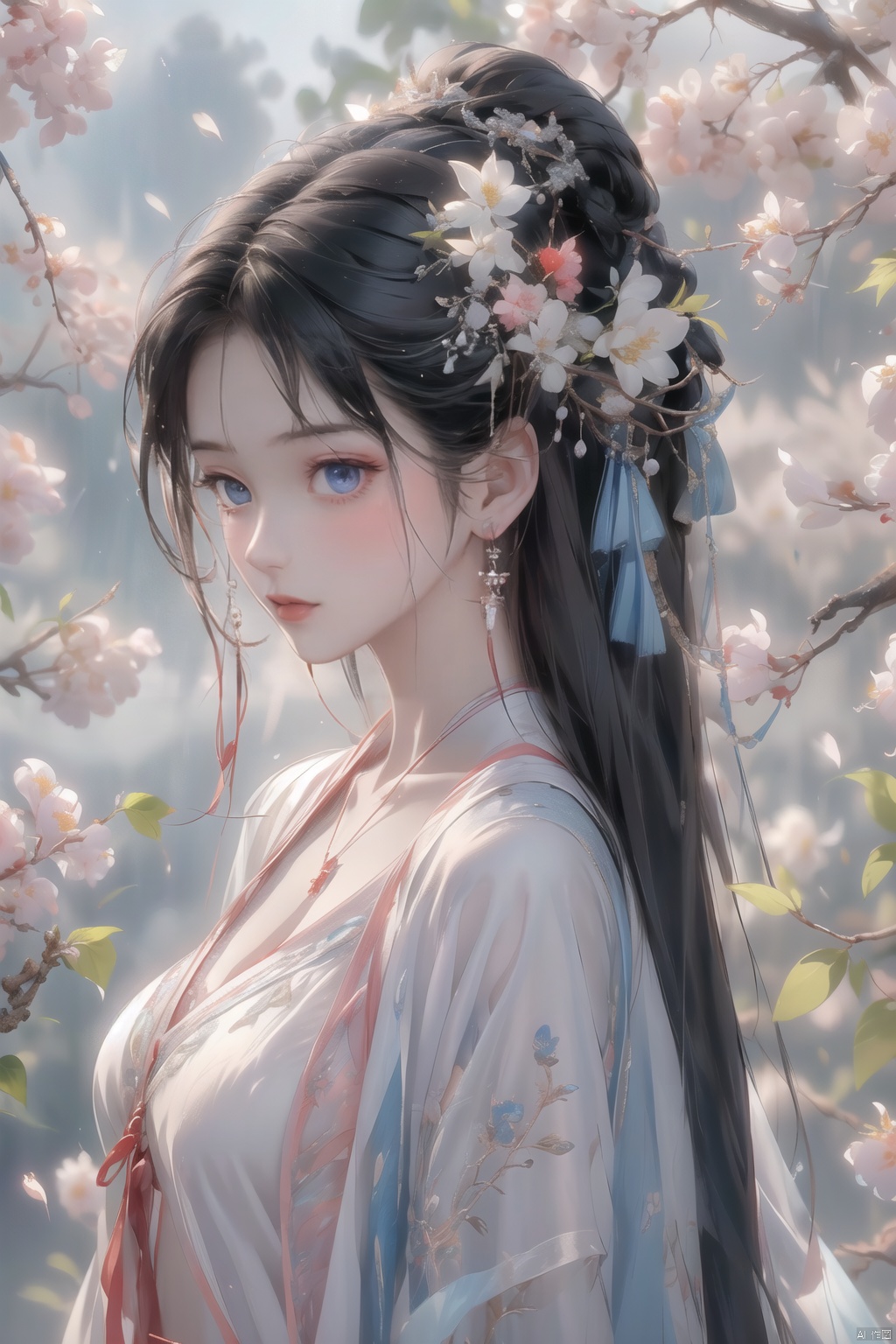 (\yan yu\),rainning,1girl, solo, breasts, long hair, barefoot, long hair, jewelry, forehead mark, necklace, blue eyes, hair ornament, earrings,hair ornament, looking at viewer, flower, from side, red lips, hair flower, upper body, lips, closed mouth, realistic, black eyes, looking to the side, nose, branch