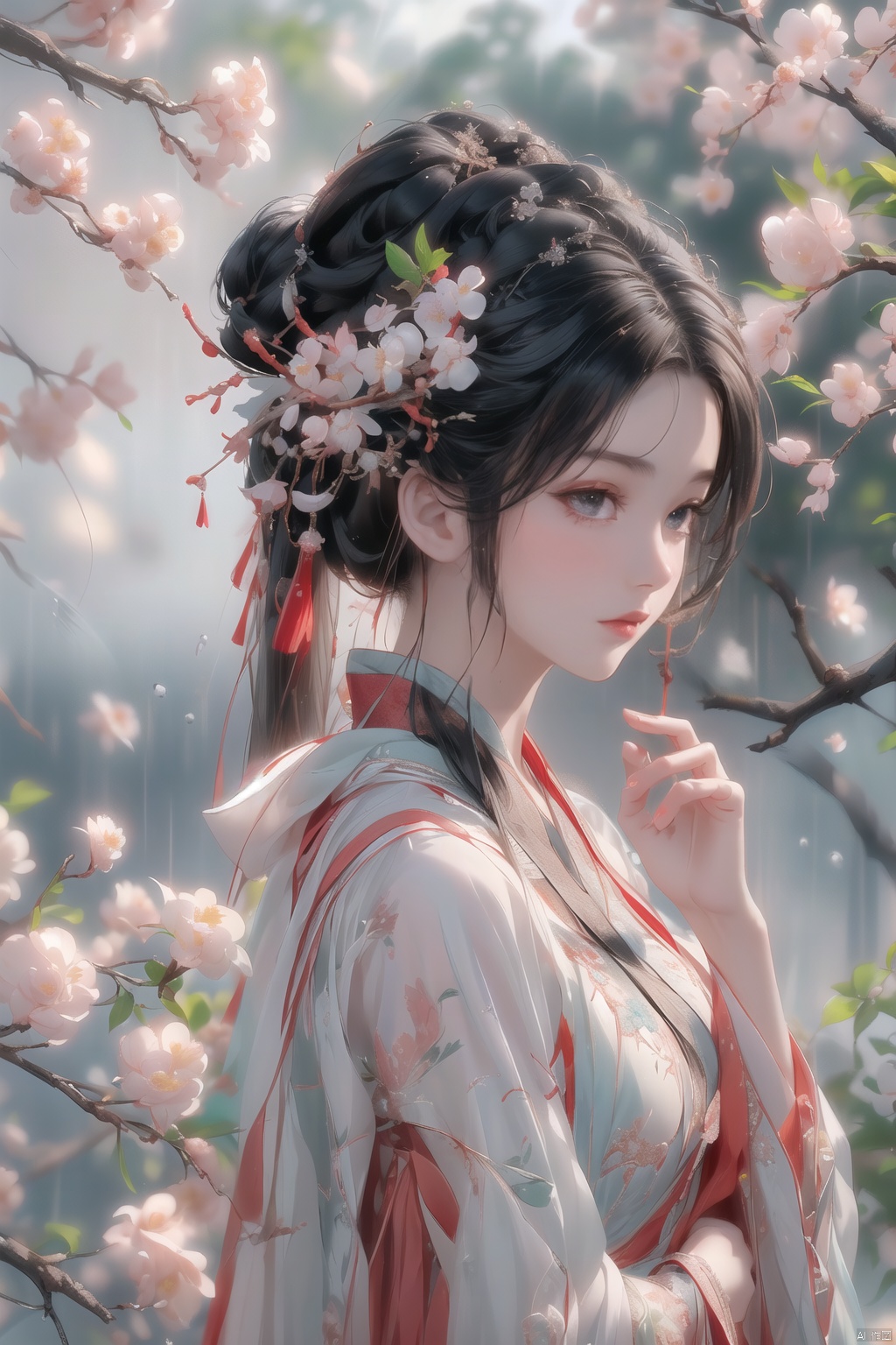 (\yan yu\),rainning,1girl, solo, black hair, long hair, hair ornament, looking at viewer, flower, from side, red lips, hair flower, upper body, lips, closed mouth, realistic, black eyes, looking to the side, nose, branch