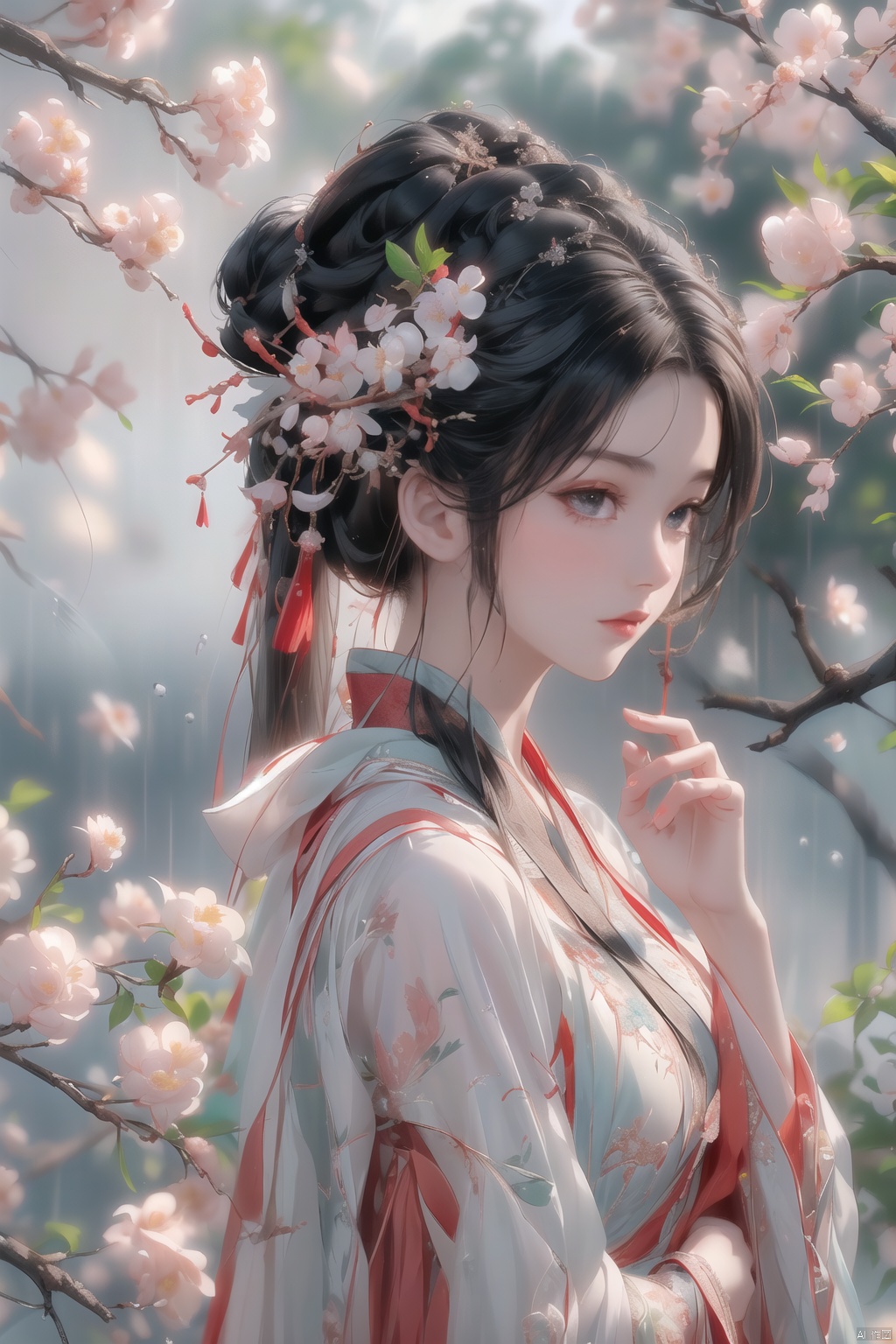 (\yan yu\),rainning,1girl, solo, black hair, long hair, hair ornament, looking at viewer, flower, from side, red lips, hair flower, upper body, lips, closed mouth, realistic, black eyes, looking to the side, nose, branch